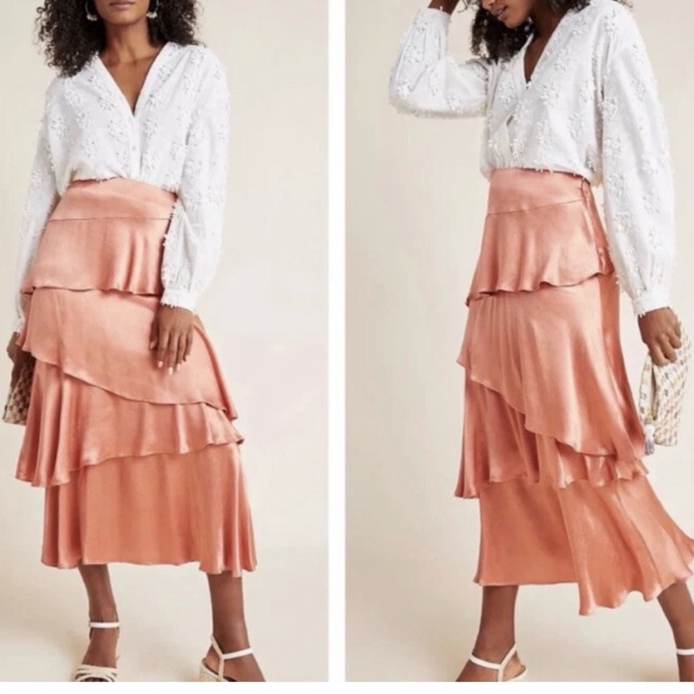NWT $130 Anthropologie Maeve Size 2  Tangerine Satin Cassia Tiered Ruffle